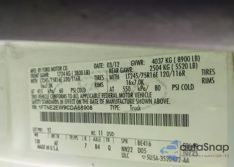 2012 Ford E-250 Commercial from USA, damaged, VIN 1FTNE2EW9CDA68908